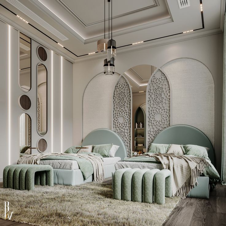 a bedroom with two beds and mirrors on the wall above them, along with an ottoman