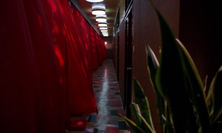 a long hallway with red curtains on the walls and plants in the floor next to it