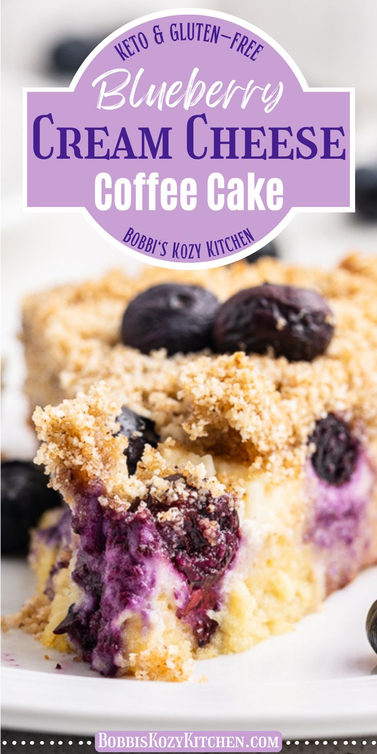 Close up of Keto Blueberry Cream Cheese Coffee Cake on a white plate. You can see the creamy layer with pops of purple color from the bursting blueberries. Keto Blueberry Cream Cheese, Blueberry Cream Cheese Coffee Cake, Keto Favorites, Cheese Coffee Cake, Keto Blueberry Muffins, Keto Cakes, Cream Cheese Coffee Cake, Keto Blueberry, Keto Kitchen