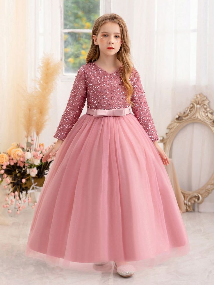 Tween Girl Long Sleeve Sequin Valentine's Day Party Princess Dress, Suitable As Birthday Gift, Banquet, Prom, Valentine's Day Gift, Party Dress, Flower Girl, Bridesmaid, Wedding Celebration Pink Party  Sleeveless Fabric Colorblock,Plain,Plants,All Over Print Fit and Flare Non-Stretch Spring/Fall,Summer Tween Girls Clothing, size features are:Bust: ,Length: ,Sleeve Length: Costume Masquerade, Long Flower Girl Dresses, Pink Tutu Dress, Girls Long Sleeve Dresses, Pink Flower Girl Dresses, Sequin Bridesmaid, Long Sleeve Sequin Dress, Pink Wedding Dresses, Sequin Decor