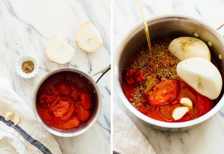 two pictures showing the process of making tomato sauce in a pot with onions and garlic