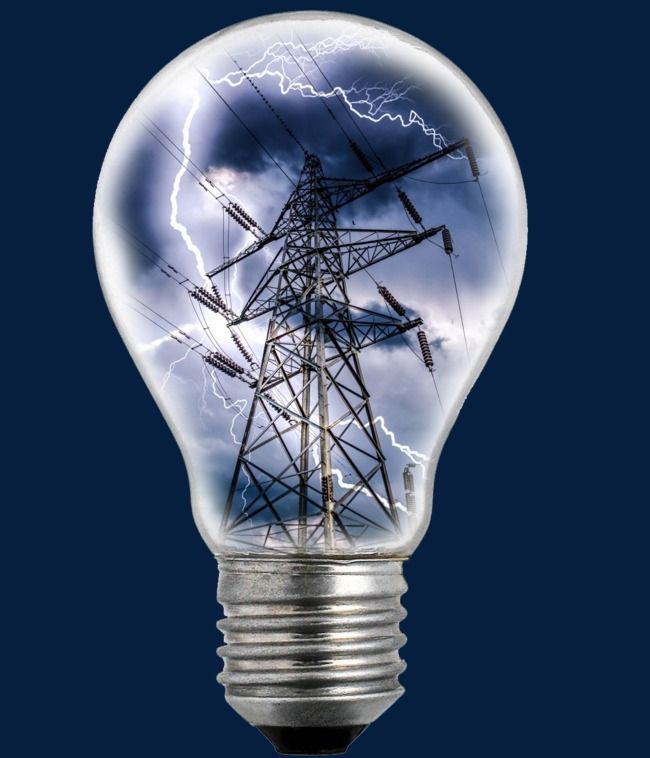 a light bulb with an image of a power line in it's center and lightning behind it