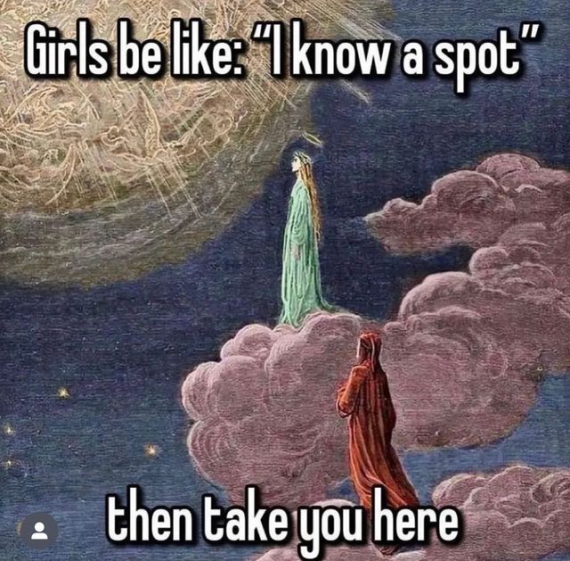 a woman standing on top of a cloud with the words girls be like i know a spot then take you here