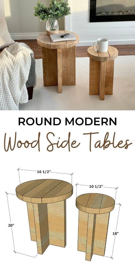 X End Table Diy, Diy Couch End Table, Easy To Make Furniture, Diy Small Drink Table, Black And White Decor With Wood Accents, Diy Wood Presents, Diy Round Accent Table, Homemade End Tables, Diy 4x4 Wood Projects