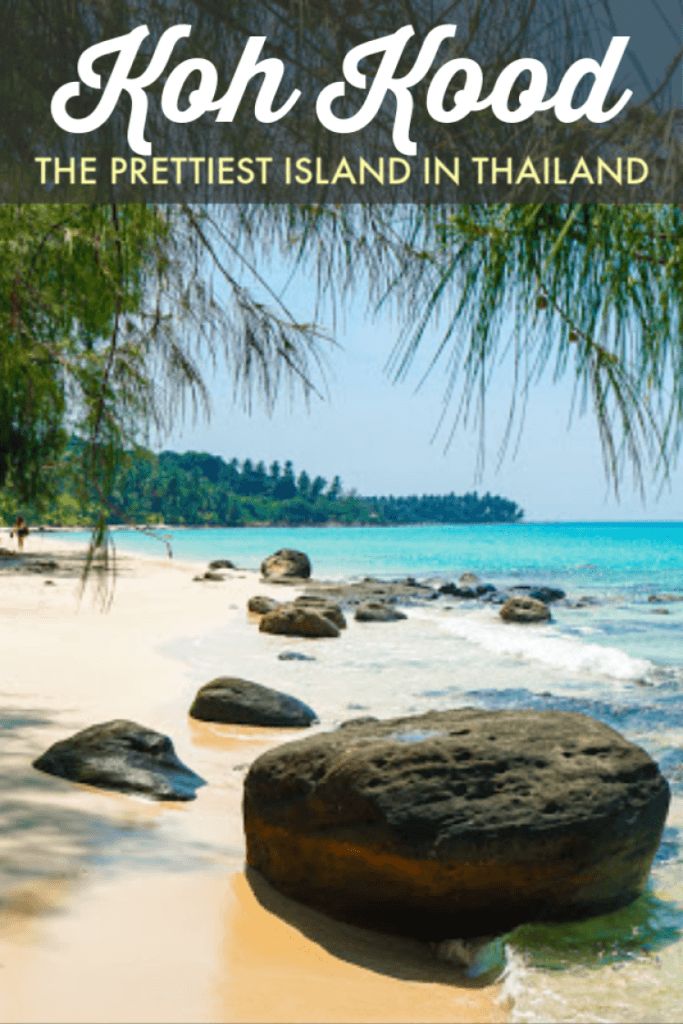 the beach with rocks and palm trees in the foreground is an advertisement for koh hood, the prettiest island in thailand