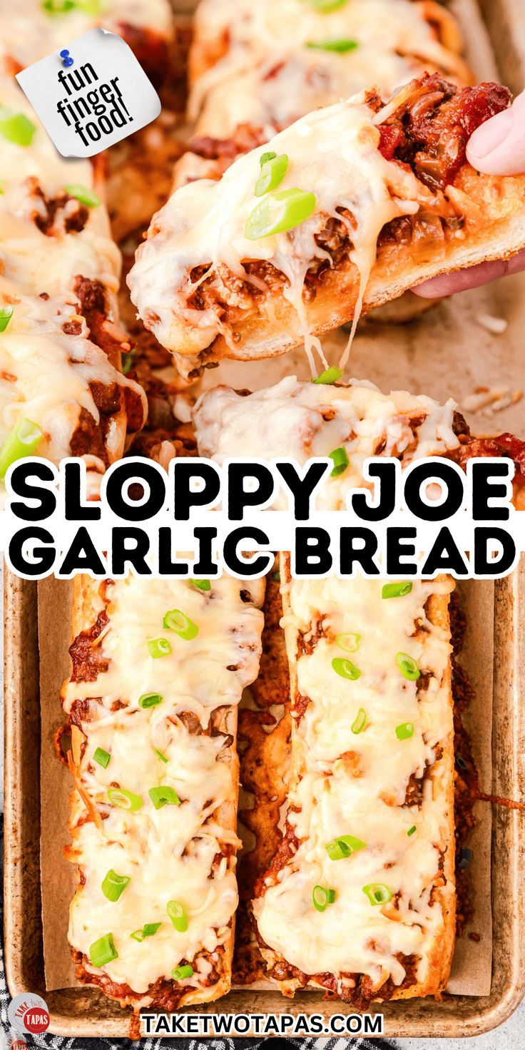 the recipe for sloppy joe garlic bread is in a baking pan and has been cut into slices