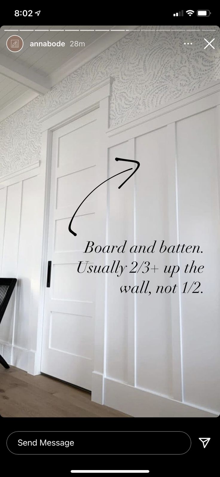 an image of a room with white doors and wallpaper on the walls that says board and batten, usually 2x4 up the width, not 1 / 4