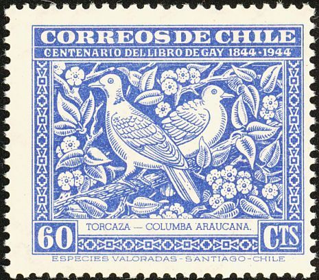 a stamp with two birds on it and flowers in the background, which are green