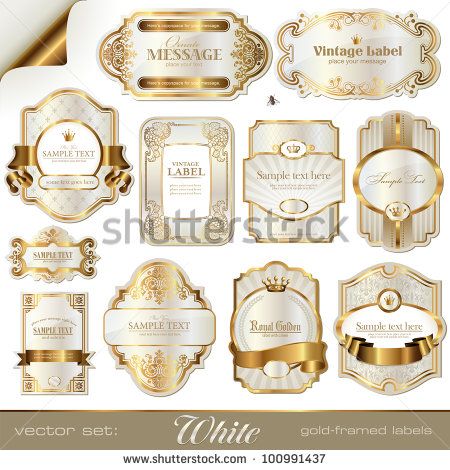 a set of gold and white vintage labels