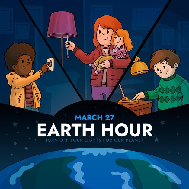 the earth hour poster is shown with children around it and an adult holding a lamp