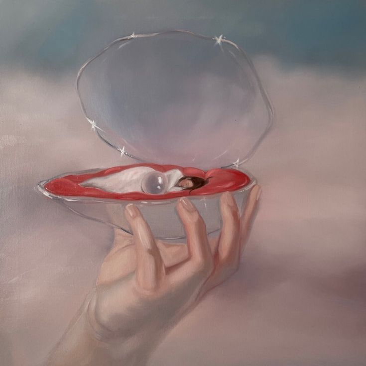 a painting of a woman's hand holding a plate with her face in it