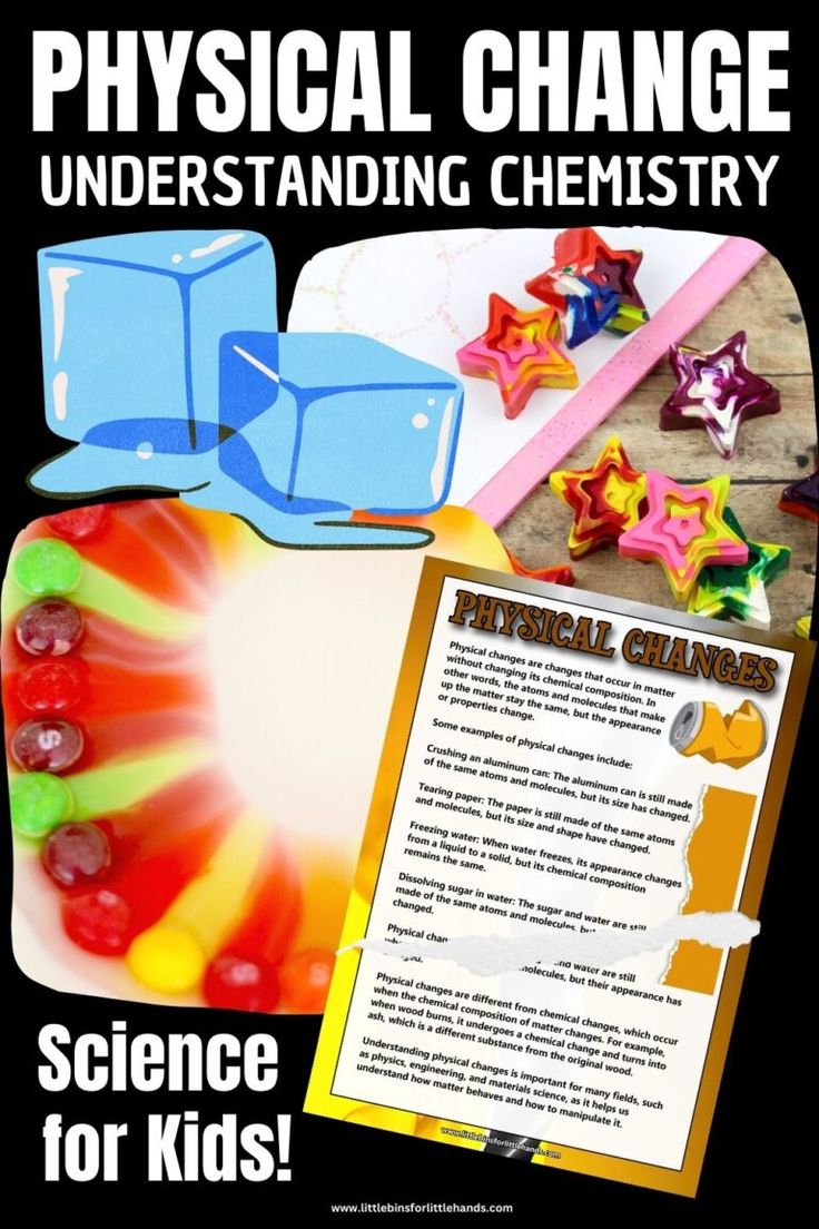 science for kids physical change poster with candy and ice cubes in the shape of stars