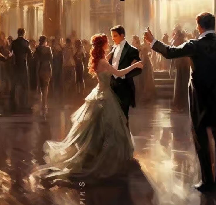 a painting of a couple dancing in an old - fashioned dance hall with other people