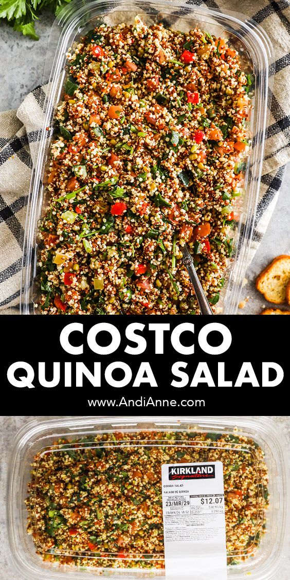 a casserole dish with quinoa salad in it and the words costco quinoa salad on top