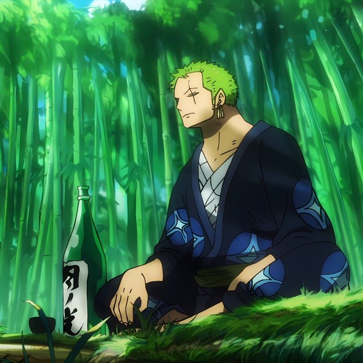 a man sitting on the ground next to a bottle of alcohol in front of bamboo trees