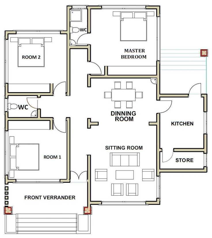 the floor plan for a three bedroom house with an attached kitchen, living room and dining area