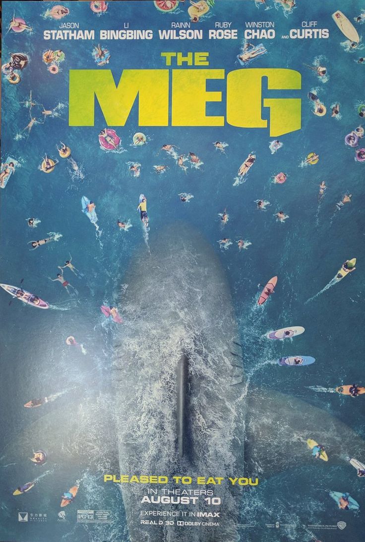 a movie poster for the meg with an image of a whale surrounded by people