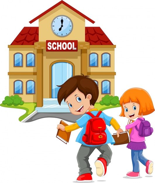 two kids in front of the school building with a clock on the wall and a book bag