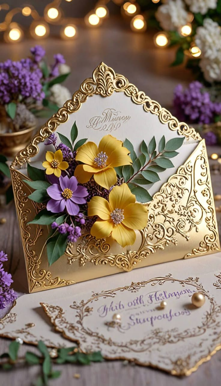 there is a card with flowers on it next to some purple and white flowers in the background