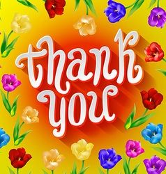 the words thank you are surrounded by colorful tulips on a bright yellow background