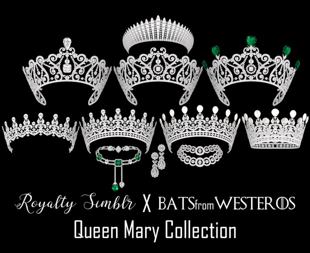 several tiaras and crowns are shown on a black background with the words regity santa x bats from westernos queen mary collection