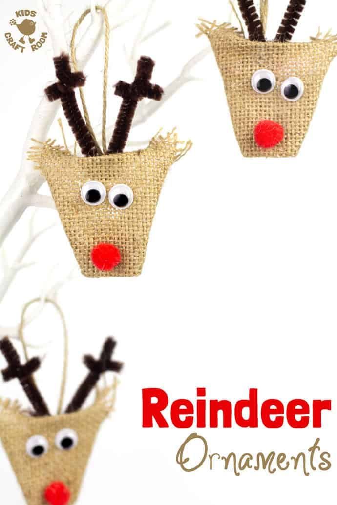 three reindeer ornaments hanging from a branch with the words reindeer ornament on it