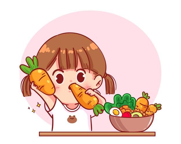 Cute girl eat salad vegetable fruits car... | Premium Vector #Freepik #vector #food #green #girl #character Eating Drawing, Fruits Cartoon, Cartoons Eating, Cartoon Art Illustration, Vegetable Drawing, Chibi Food, Vegetable Cartoon, Vegetable Illustration, Fruit Cartoon