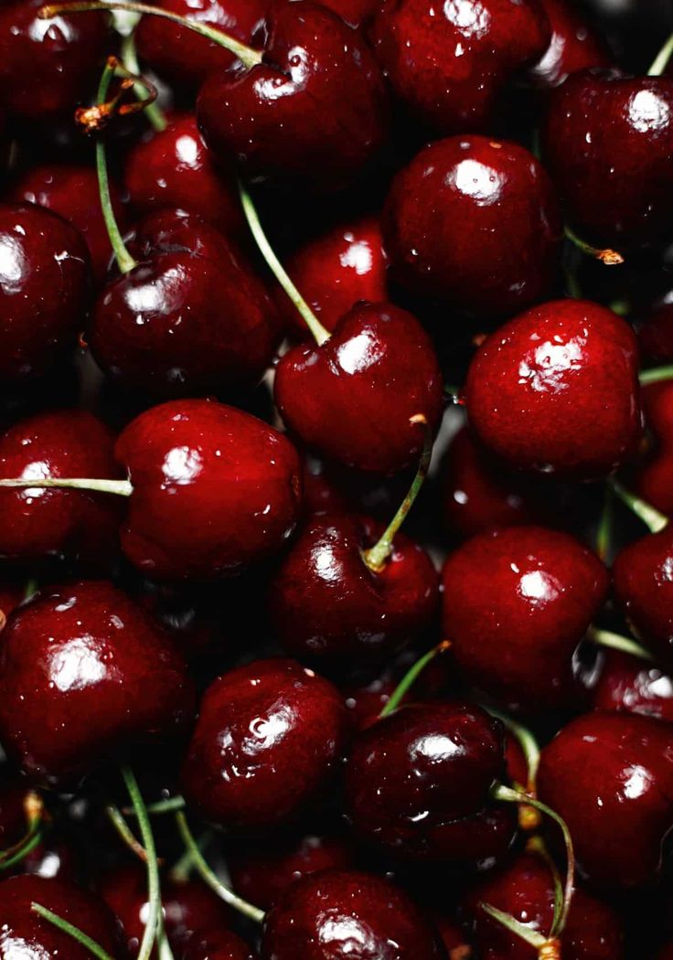 closeup of cherries with water droplets on them