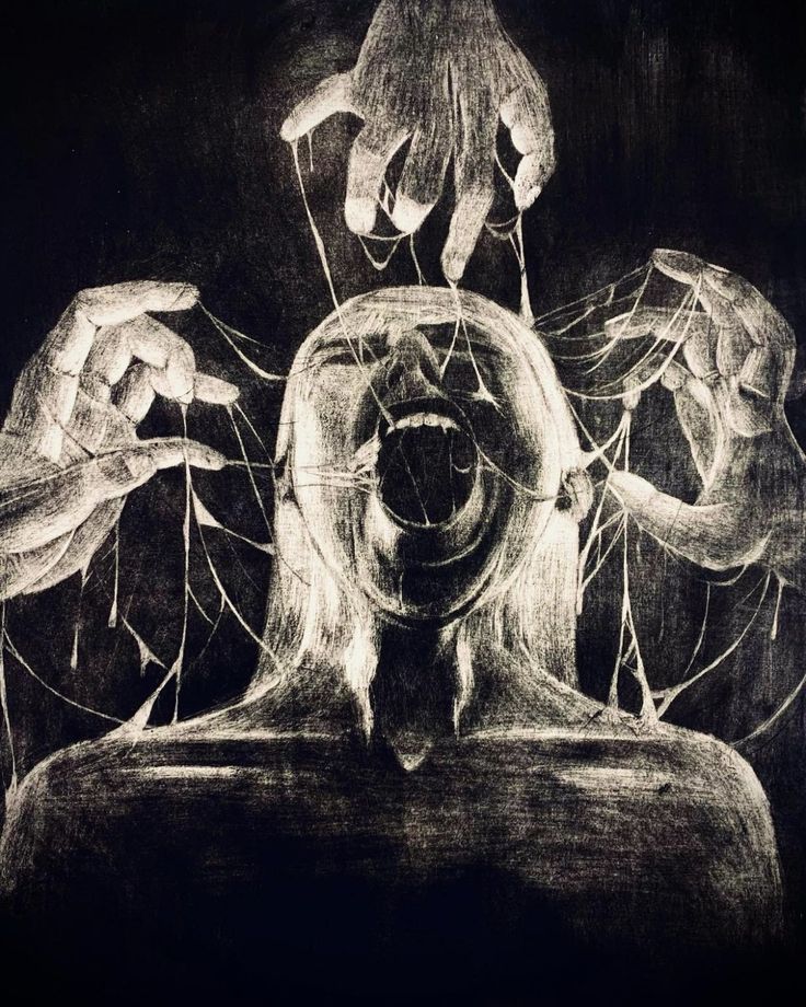 a drawing of two hands holding strings in front of a man's face