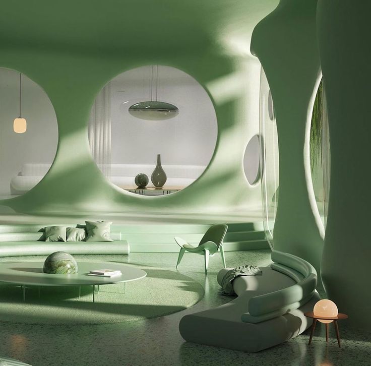 a green room with round windows and circular furniture in the center, on top of a marble floor