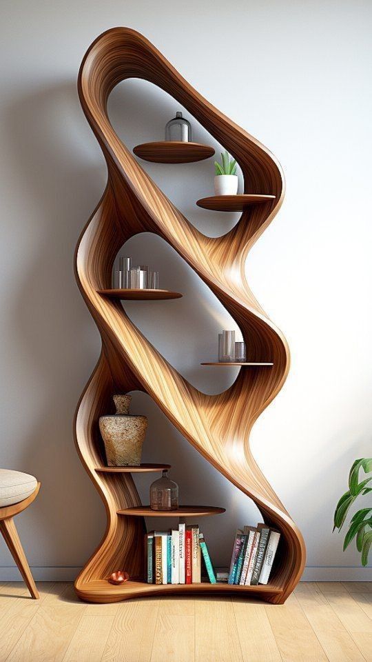 a curved wooden shelf in the corner of a room