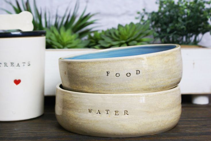 three ceramic bowls with words on them sitting next to a planter and coffee mug