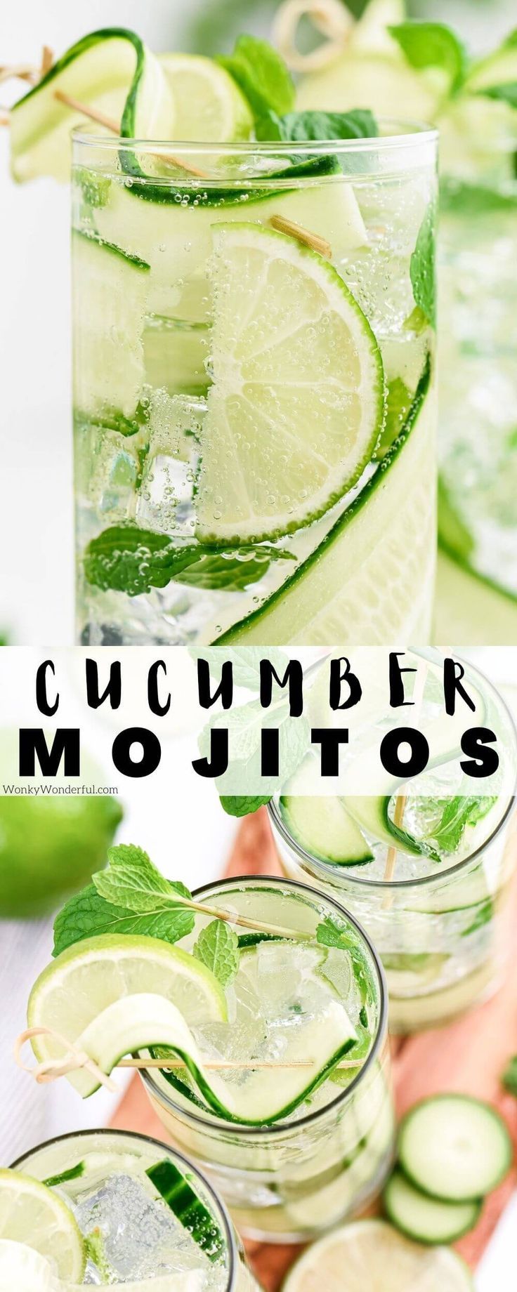 cucumber mojitos in glasses with mint and lime garnishes