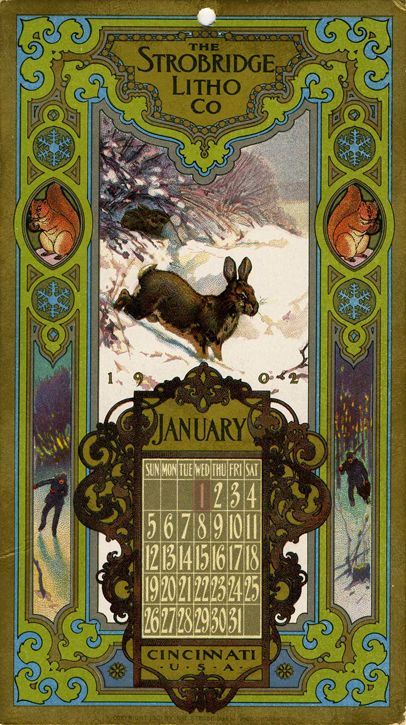 an old fashioned calendar with a rabbit running in the snow on it's side