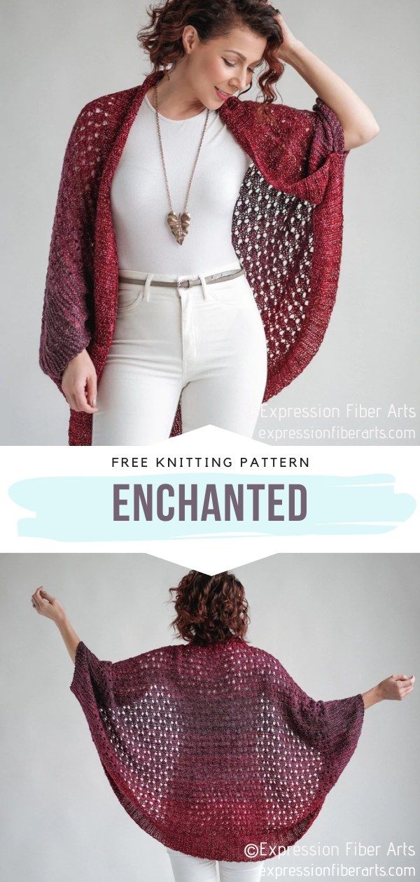 a woman in white pants and a red shawl with the words, free knitting pattern enchanted