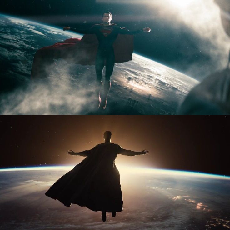 two pictures one with superman and the other with his arms out in front of him