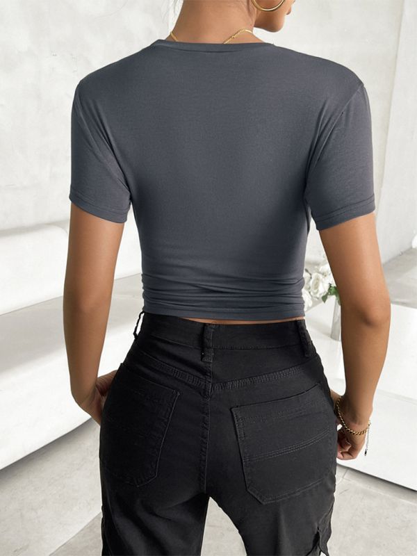 Discover the latest trend with our New solid color top! This waisted, short, slim fit T-shirt is perfect for showing off your figure and navel.   Made of 8% Elastane/Spandex and 92% Viscose, this top is both comfortable and stylish, making it a versatile piece for any occasion.  Material composition: 8% Elastane/Spandex, 92% Viscose  Clothing type: S  Material: Polyester   Size Chart(inch) Size US UK Length Bust Shoulder Sleeve Length S 4 8 20 31 14 5 M 6 10 21 33 15 6 L 8 12 21 35 15 6 XL 10 14 22 38 15 6 Gray Stretch Cropped Top, Trendy Short Sleeve Crop Top, Basic High Stretch Solid Color Tops, Trendy High Stretch Short Sleeve Tops, Trendy Gray Crew Neck Crop Top, Gray Crew Neck Trendy Crop Top, Trendy Fitted Solid Short Sleeve Top, Trendy Fitted Solid Color Short Sleeve Top, Solid Stretch Crop Top