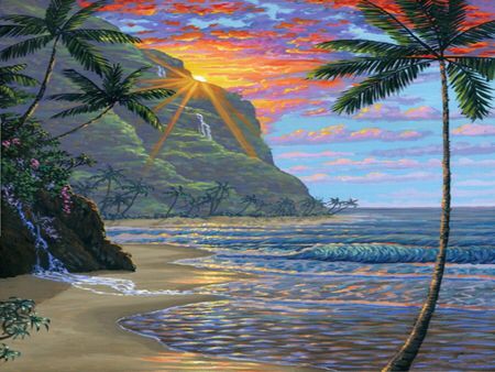 a painting of two palm trees on the beach at sunset, with mountains in the background