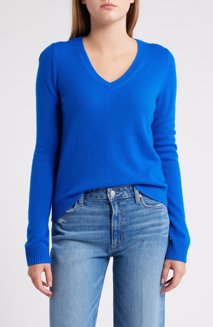 Wear and enjoy forever this V-neck sweater knit from pure cashmere in colors to enhance any look or mood. 22" length (size Medium) V-neck Long sleeves Ribbed cuffs and hem 100% cashmere Dry clean Imported Casual V-neck Cashmere Sweater, Winter Long Sleeve Cashmere V-neck Sweater, Cashmere Soft Knit Long Sleeve V-neck Sweater, Cashmere V-neck Soft Knit Long Sleeve Sweater, Blue Cashmere V-neck Sweater, Vneck Sweater, Knitted Sweaters, Cashmere, Nordstrom