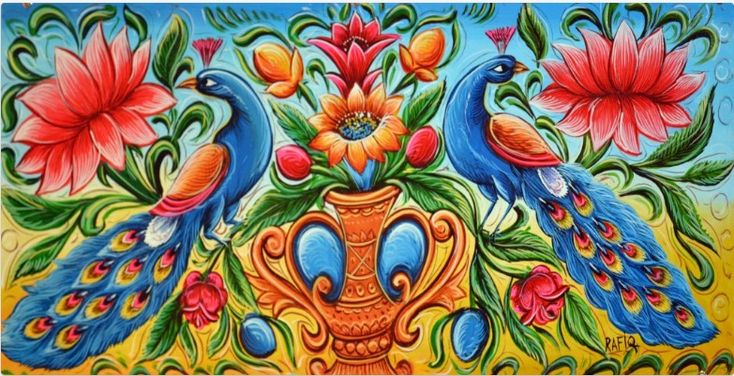 a painting of peacocks and flowers in a vase