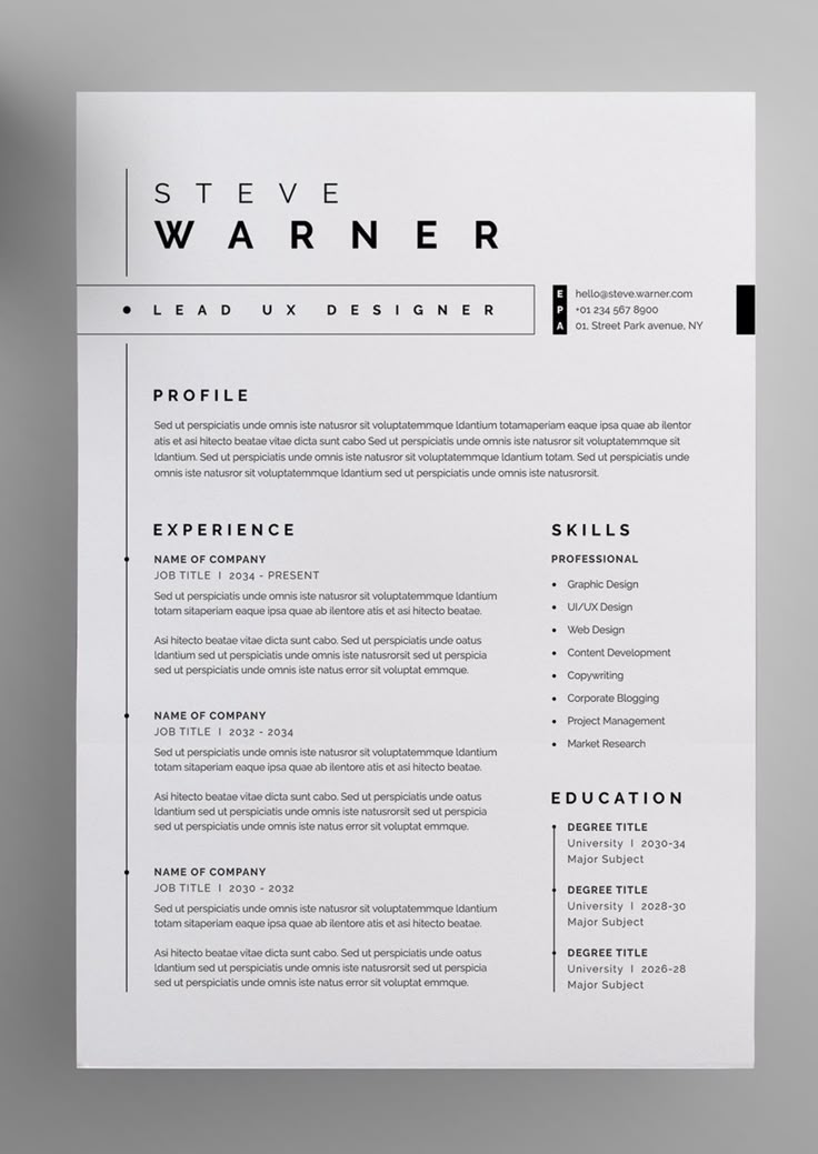 a clean and modern resume template with black accents on the cover, it is ready to be used for