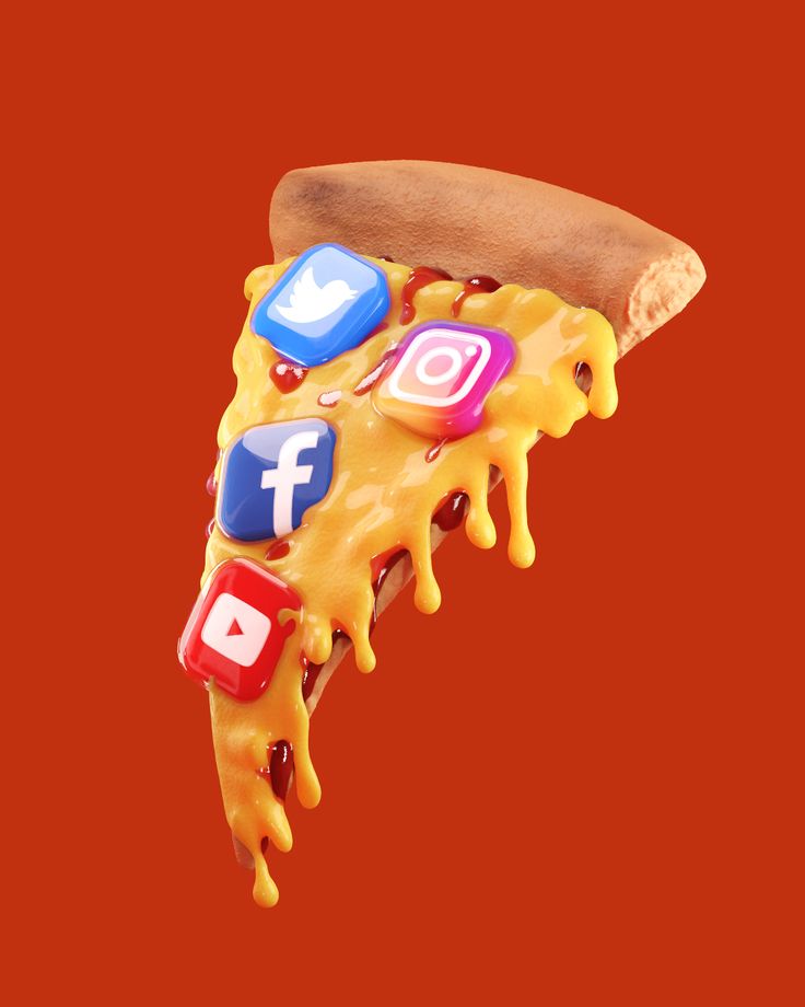 a slice of pizza with social media icons on it is being held by a wooden spoon