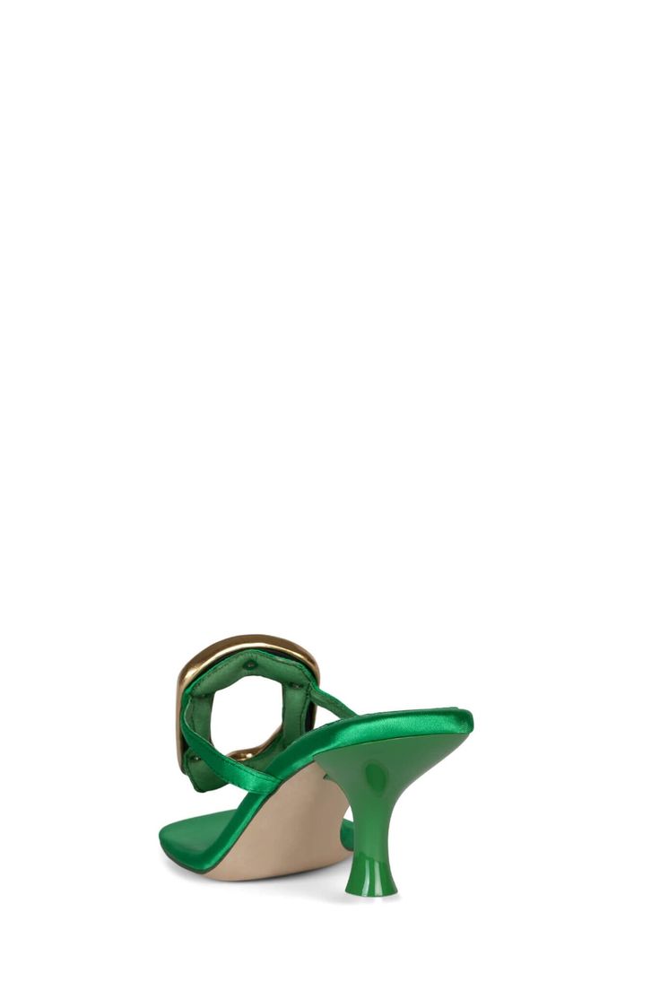 Heeled thong sandal with metal embellishment Fits true to size Measurements taken from a size 7 3" Heel, 0.25" Platform Fabric Upper, Leather / Fabric Lining, Synthetic Sole Jeffrey Campbell Heels, Satin Heels, Fuchsia Color, Green Satin, Thong Sandals, Pink Satin, Leather Fabric, Black Satin, Gold Metal