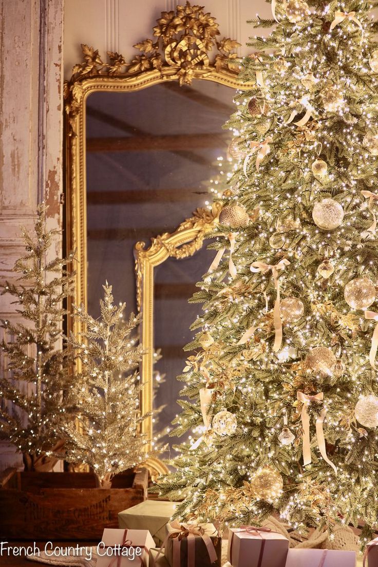 a decorated christmas tree sitting in front of a mirror with presents under it and gold trimmings