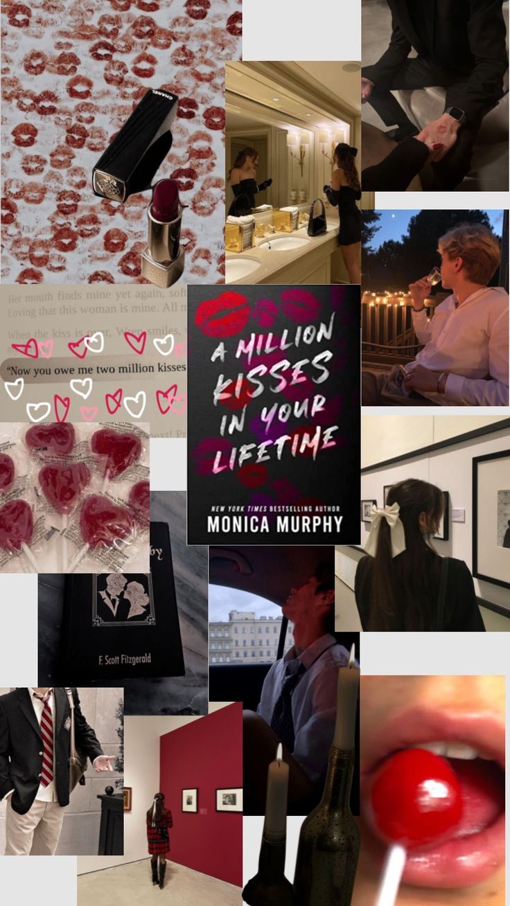 a collage of photos with red lipstick and black suit on them, including an advertisement for monica murpfy