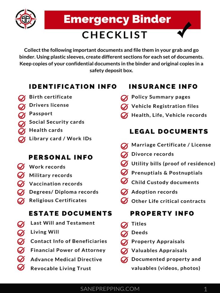 the emergency binder checklist is shown in red, white and black with an arrow pointing