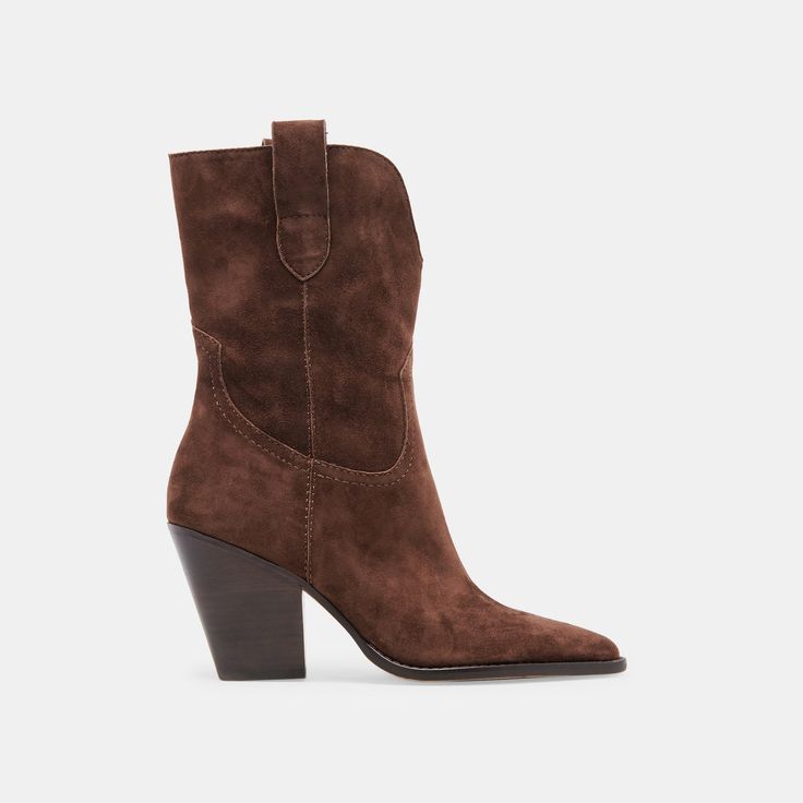 JESSEY BOOTS DK BROWN SUEDE Western Trend, Western Boot, Brown Suede, Western Boots, Bootie Boots, Womens Boots, Midi Skirt, Heel Height, Shoe Boots