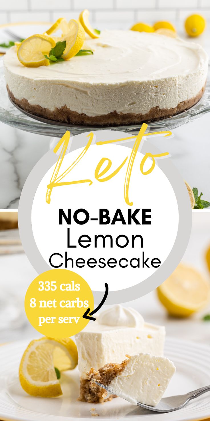 no - bake lemon cheesecake on a plate with the title above it and below