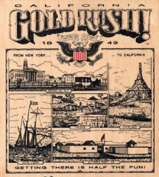 an old advertisement for goldrush from the early 1900's, with images of ships and buildings