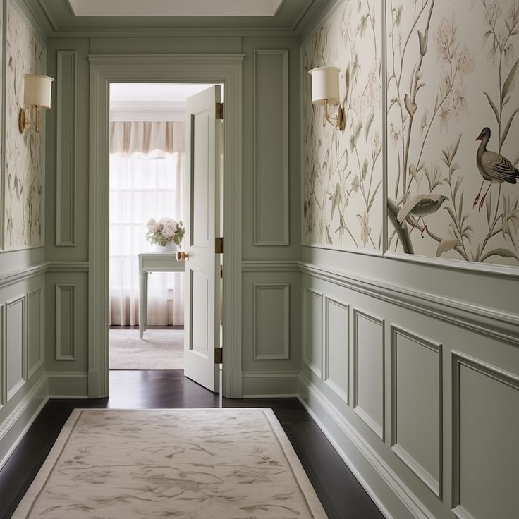 the hallway is decorated with wallpaper and flowers